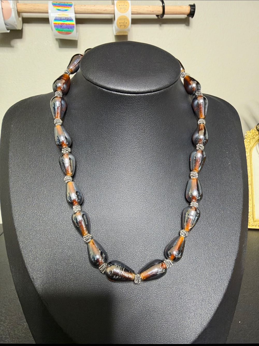 Handcrafted Black and Amber Teardrop Glass Necklace